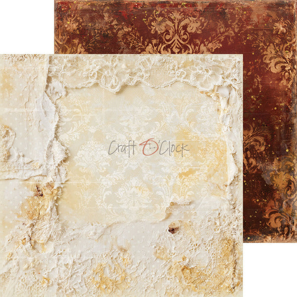 Two square decorative paper or fabric samples with distressed vintage textures: one cream and beige with lace and torn-edge detailing, and one dark brown with ornate damask pattern. A faint Craft O'Clock watermark is visible across the cream sample.