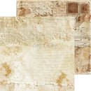 A sheet of decorative scrapbook paper with a vintage, distressed aesthetic. The design features a cream and beige background with elegant cursive script, delicate lace patterns, antique stamps, musical notes, and textured splatters.
