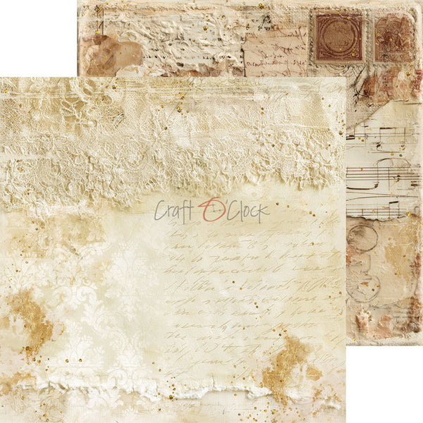 A sheet of decorative scrapbook paper with a vintage, distressed aesthetic. The design features a cream and beige background with elegant cursive script, delicate lace patterns, antique stamps, musical notes, and textured splatters.