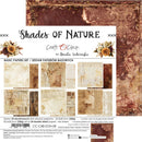 A scrapbook paper set packaging card titled 'Shades of Nature' by Renata Lutowięska, showing a collage of vintage-style brown and beige textured papers and a large matching patterned paper sample in the background.