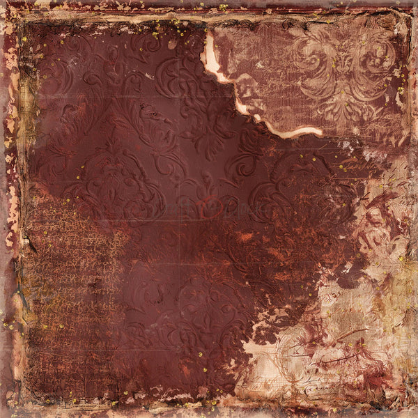 A square abstract textured artwork with distressed, vintage-style patterns in deep burgundy, brown, beige, and muted gold tones.