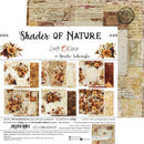 A product packaging card for 'Shades of Nature' scrapbooking paper by Craft O'Clock, featuring vintage-style floral and script patterns on a distressed beige background.