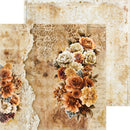 A vintage-style floral scrapbook paper sheet with layered antique textures, including torn paper edges, lace motifs, and a central bouquet of cream, tan, and rust-colored flowers.