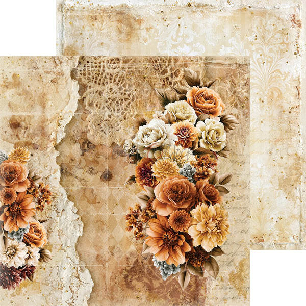 A vintage-style floral scrapbook paper sheet with layered antique textures, including torn paper edges, lace motifs, and a central bouquet of cream, tan, and rust-colored flowers.