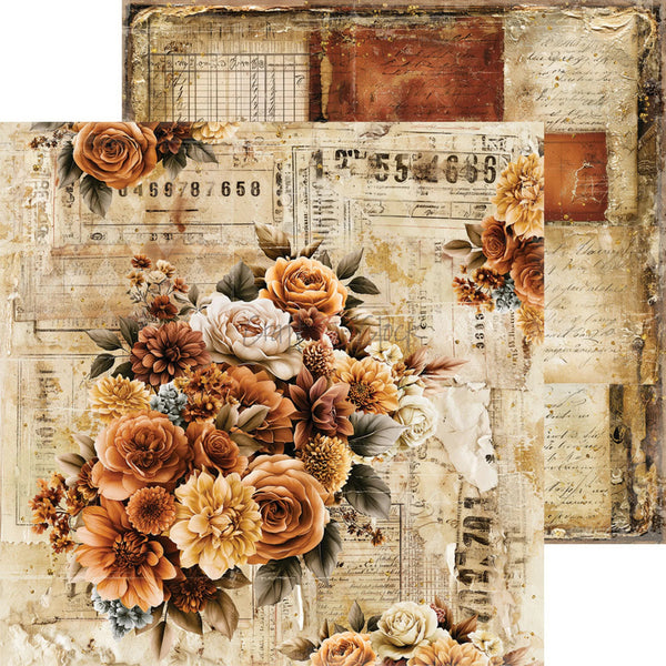 Two square decorative art prints or cards featuring a vintage floral collage design in warm beige, tan, orange, and cream tones, with roses, dahlias, script text, and aged paper textures.