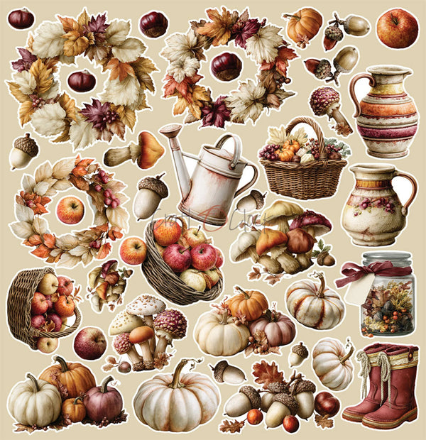 A collection of autumn-themed stickers or decals featuring pumpkins, apples, acorns, mushrooms, leaves, baskets, a watering can, a pitcher, and red boots on a light beige background.