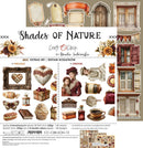 A craft paper set cover titled 'Shades of Nature' by Renata Ludwikowska, showing illustrated vintage elements such as wooden doors, windows, flowers, frames, boxes, a heart, a woman in a hat, and small decorative objects on a beige background.