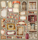 A collection of vintage-style decorative paper labels, banners, frames, and window cutouts arranged on a flat taupe background.