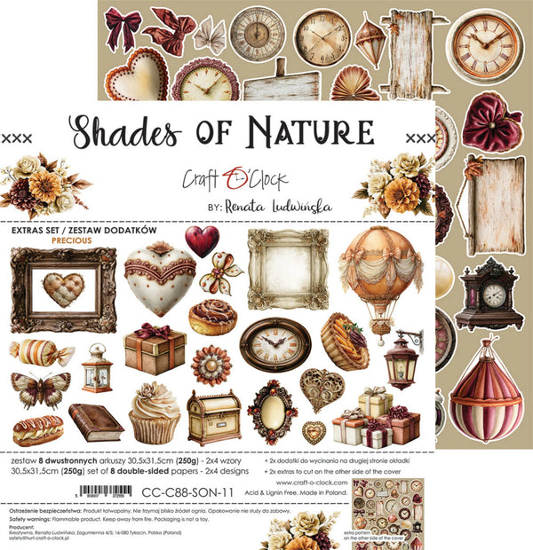 A product sheet for a craft scrapbook paper set titled 'Shades of Nature' by Renata Iwarzynska. The sheet displays 24 double-sided patterned papers with vintage designs including clocks, flowers, hearts, frames, and hot air balloons in warm earthy tones of brown, beige, and red.