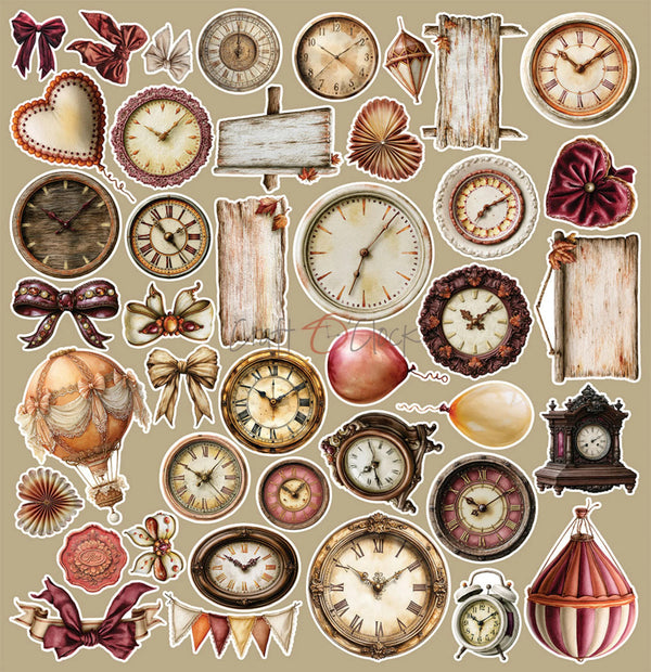 A collage of vintage-style decorative stickers and clipart elements on a beige background, including multiple clock faces, old-fashioned watches, bows, ribbons, banners, balloons, a clock tower, and floral motifs.