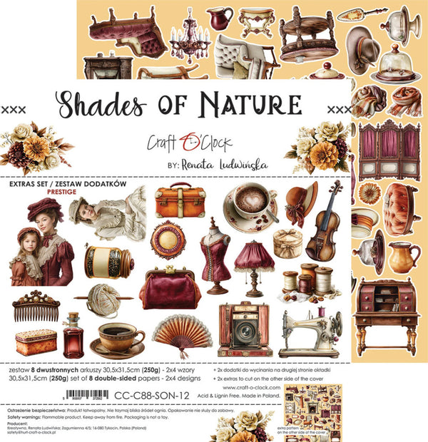 A decorative craft paper sheet titled "Shades of Nature" by Renata Iwernicka, featuring vintage sewing machines, sewing needles, floral arrangements, and illustrated figures in coordinated muted pink, brown, beige, and rust tones on a cream background.
