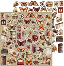 A sheet of vintage-style butterfly and book-themed stickers or decoupage elements on a beige background, with additional matching motifs arranged around the main sheet.