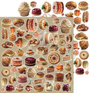 A sheet of assorted bakery and dessert stickers or decals arranged on a beige background, including cupcakes, cakes, pastries, cookies, pretzels, and candies.