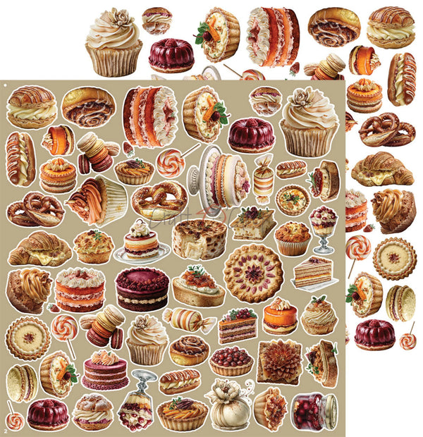 A sheet of assorted bakery and dessert stickers or decals arranged on a beige background, including cupcakes, cakes, pastries, cookies, pretzels, and candies.