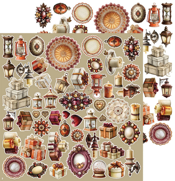 A sheet of vintage-style decorative stickers or clipart featuring many coordinated motifs: lanterns, gift boxes, plates, ornaments, candles, flowers, and framed decorative elements in warm autumn tones on a beige background.
