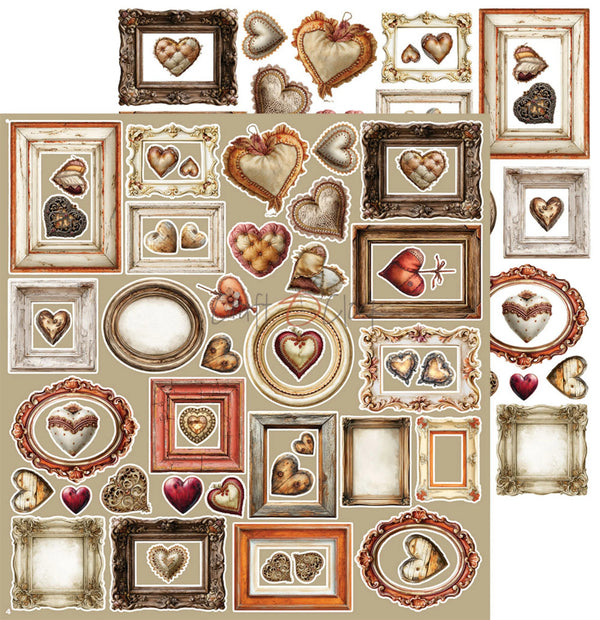 A sheet of vintage-style heart and picture frame collage stickers on a light beige background, featuring multiple ornate frames, heart illustrations, and empty frame outlines in warm neutral tones.