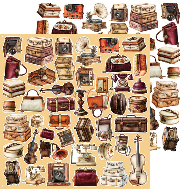 A sheet of vintage-themed decorative stickers or decals featuring an assortment of illustrated objects including stacked suitcases, handbags, cameras, gramophones, telephones, violins, and other retro items in warm muted tones on a beige background.