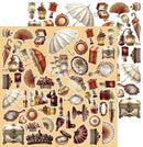 A sheet of vintage-themed decorative stickers or decals featuring an assortment of antique-style illustrations, including umbrellas, fans, perfume bottles, mirrors, lamps, trinkets, and cosmetics, arranged on a beige background.