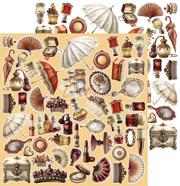 A sheet of vintage-themed decorative stickers or decals featuring an assortment of antique-style illustrations, including umbrellas, fans, perfume bottles, mirrors, lamps, trinkets, and cosmetics, arranged on a beige background.