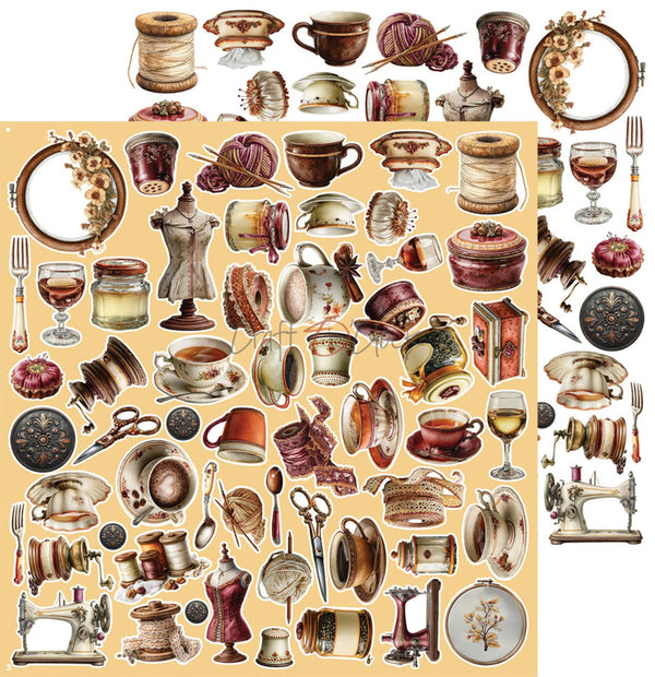 A sheet of vintage-themed craft paper or decoupage elements featuring illustrated sewing and tea motifs, including spools of thread, cups, plates, scissors, sewing machines, jars, and decorative frames on a warm beige background.