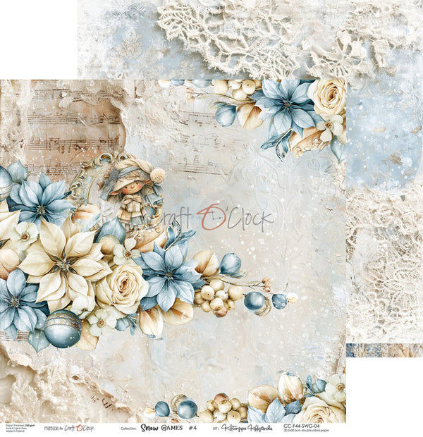 A decorative scrapbook paper sheet with a vintage floral and angel design, featuring blue and cream flowers, lace textures, and a small angel illustration on a distressed light background. The sheet has a visible 'Craft O Clock' watermark and branding at the bottom.