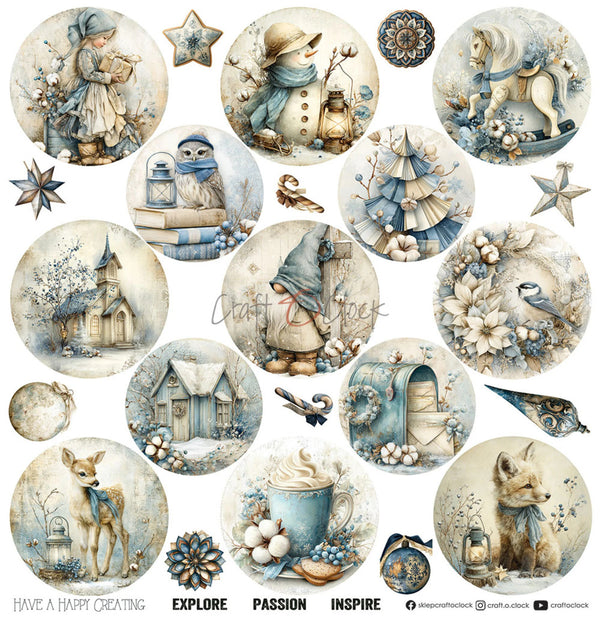 A collage of circular and irregular vintage-style illustrations in soft blue, beige, and brown tones, featuring winter and holiday motifs such as a snowman, owl, rocking horse, church, cabin, bird, deer, cup of hot cocoa, and decorative stars and flowers. The image appears to be a digital preview sheet for a craft or scrapbook design collection, with the text 'HAVE A HAPPY CREATING.