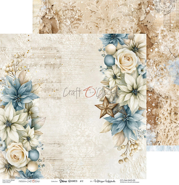 A decorative scrapbook paper sheet with a distressed cream background and floral corner embellishments in blue, white, and beige. The design includes poinsettias, roses, berries, a star, and textured patterned borders.