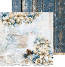 A square decorative paper or scrapbook design sheet shown on a rustic blue wood plank background. The main design features a distressed off-white and light blue winter floral arrangement with cream poinsettias, pale blue flowers, pinecones, and a lantern motif.