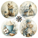 Four round decorative art prints arranged in a 2x2 grid, featuring vintage-style illustrations: a fox with a blue bow, a small church in winter, a blue mug of whipped cream with cotton and blueberries, and a young girl holding a baby. A star-shaped ornament and the text 'Craze Stock' appear in the center.