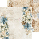 A decorative scrapbook paper or craft paper design featuring cream and blue floral arrangements on a distressed beige background, with layered patterned paper sheets visible behind it.