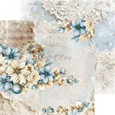 A decorative scrapbook paper or craft sheet design featuring a vintage illustration of a young girl in a blue bonnet, surrounded by blue and cream flowers, berries, lace, and musical notes on a textured off-white background. The brand name 'Craft O Clock' is visible in the center.