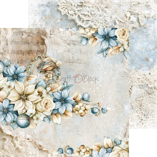 A decorative scrapbook paper or craft sheet design featuring a vintage illustration of a young girl in a blue bonnet, surrounded by blue and cream flowers, berries, lace, and musical notes on a textured off-white background. The brand name 'Craft O Clock' is visible in the center.