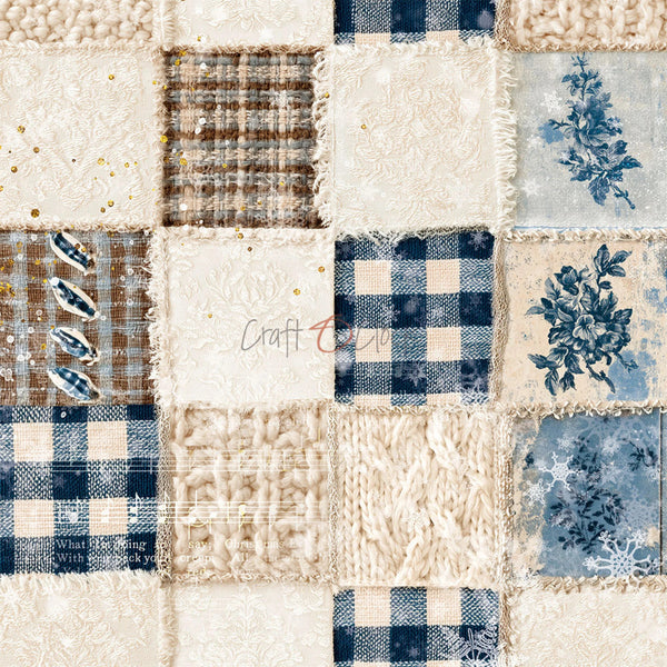 A close-up of a patchwork fabric design featuring various textured and patterned squares in cream, beige, navy blue, and light blue. The designs include gingham, floral prints, knit textures, and subtle gold glitter accents.