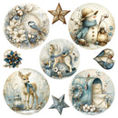 A set of seven circular and star-shaped winter-themed decorative stickers or decals on a plain white background, featuring vintage illustrations of a bird, a snowman, a rocking horse, a deer, a mailbox, flowers, and rustic textures in soft blue, beige, and gray tones.