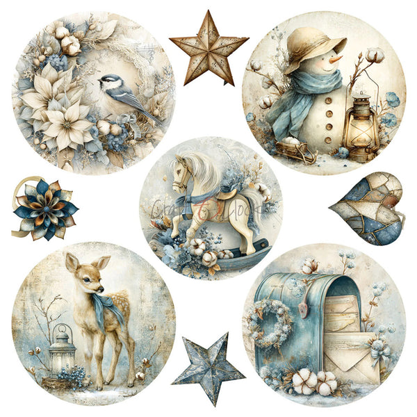 A set of seven circular and star-shaped winter-themed decorative stickers or decals on a plain white background, featuring vintage illustrations of a bird, a snowman, a rocking horse, a deer, a mailbox, flowers, and rustic textures in soft blue, beige, and gray tones.