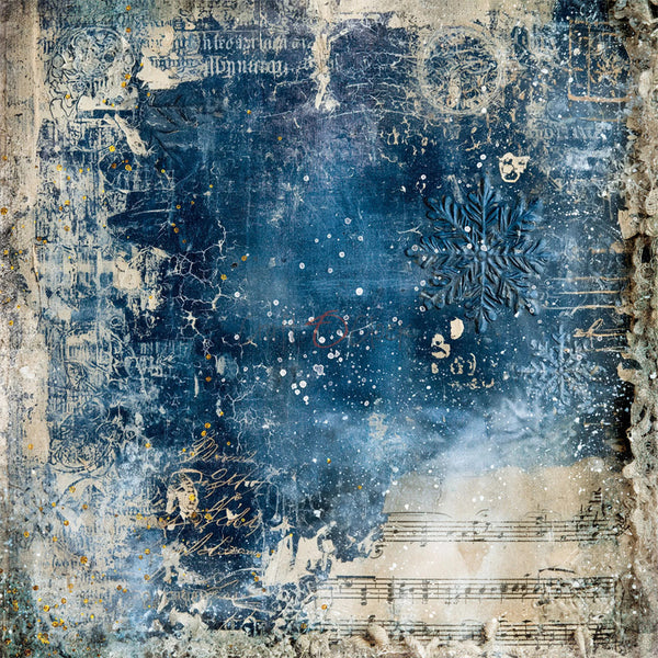 An abstract distressed art print featuring a deep blue textured background with vintage script, musical notes, a snowflake motif, and weathered beige borders.