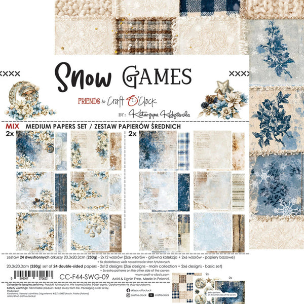 Snow Games Friends by Craft with Clock paper pack, featuring a mix of 24 double-sided papers in winter-themed designs including blue snowflakes, beige plaid, and rustic textures.