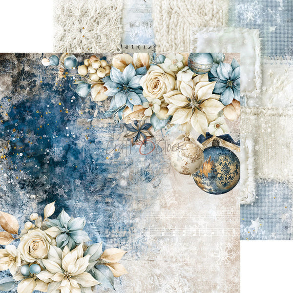 A decorative scrapbook paper or digital paper design featuring a winter floral arrangement with cream and pale blue flowers, blue and gold ornaments, snowflakes, and a distressed blue-and-cream background. Layered textured paper samples appear around the edges.