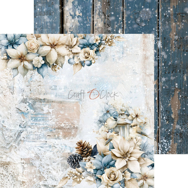 A square decorative paper or card design featuring a distressed winter floral arrangement in cream, pale blue, and beige tones, layered over a rustic blue wood plank background with snowflake texture. The brand name 'Craft with a Clock' appears near the center.