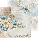 A decorative scrapbook paper or craft design sheet featuring a vintage floral border with blue and cream flowers, musical notes, lace textures, and a small illustrated girl in a bonnet. The center shows the visible brand text 'Craft O Clock'.