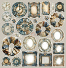 A collage of vintage-style decorative clock and frame decals or stickers arranged on a light beige background. The designs feature distressed blue, beige, and brown tones with antique clock faces, ornate frames, stars, and floral scroll elements.
