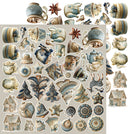 A sheet of vintage-style Christmas stickers featuring ceramic mugs, teapots, stars, trees, ornaments, and houses with a blue and beige color palette, displayed on a white background.