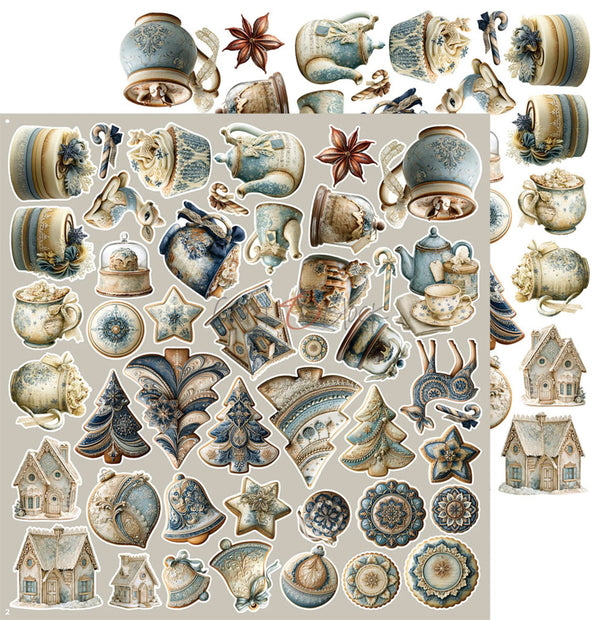 A sheet of vintage-style Christmas stickers featuring ceramic mugs, teapots, stars, trees, ornaments, and houses with a blue and beige color palette, displayed on a white background.