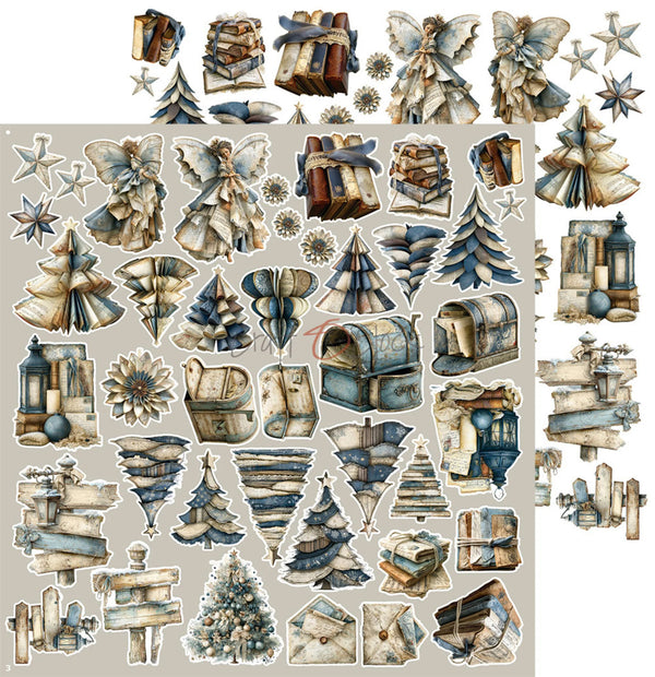 A sheet of vintage-style Christmas-themed stickers or decal designs arranged on a light beige background. The collection includes distressed paper-cut motifs such as gift boxes, angels, stars, lanterns, envelopes, and Christmas trees in muted blue, brown, cream, and gray tones.