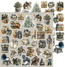 A sheet of vintage Christmas-themed stickers or decals featuring wrapped gifts, decorated trees, nutcrackers, gramophones, and holiday objects in muted blue, beige, brown, and white tones on a light gray background.
