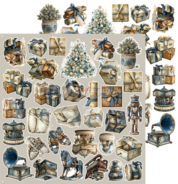 A sheet of vintage Christmas-themed stickers or decals featuring wrapped gifts, decorated trees, nutcrackers, gramophones, and holiday objects in muted blue, beige, brown, and white tones on a light gray background.