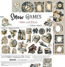 A decorative paper craft sheet titled 'Snow Games' from Friends in Craft by O'Clock, featuring multiple vintage-style cutout designs including clocks, frames, ribbons, ornaments, and holiday-themed embellishments on a white background.