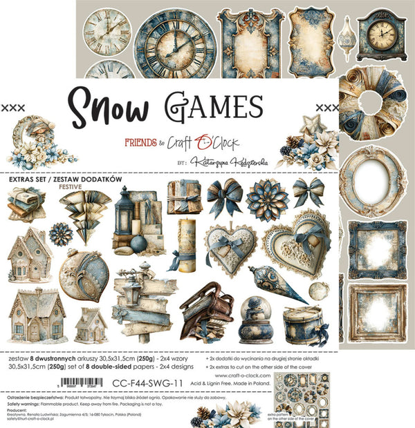 A decorative paper craft sheet titled 'Snow Games' from Friends in Craft by O'Clock, featuring multiple vintage-style cutout designs including clocks, frames, ribbons, ornaments, and holiday-themed embellishments on a white background.