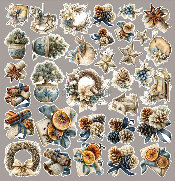 A sheet of assorted vintage-style Christmas and winter-themed stickers arranged on a flat taupe background. The designs include wreaths, pinecones, stars, dried orange slices, cinnamon sticks, floral arrangements, ribbons, and rustic holiday motifs in muted beige, blue, brown, and cream tones.