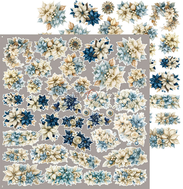 A sheet of decorative floral stickers featuring various bouquets of flowers in shades of blue, beige, and cream, arranged on a gray background with additional matching floral strips shown on the right side.